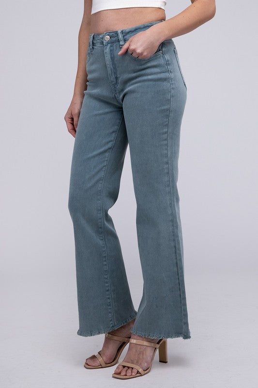 Amie Acid Washed Frayed Hem Straight Wide Pants