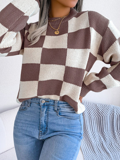 Checkered Mock Neck Sweater