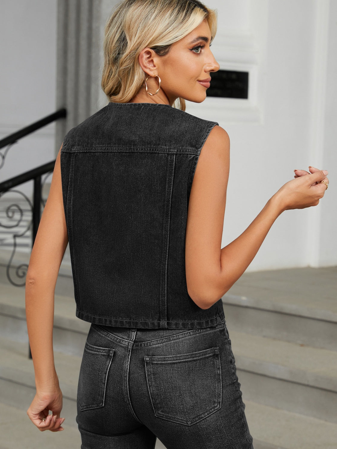 V-Neck Button Denim Vest