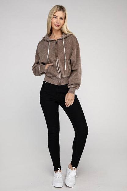 Zenana Acid Wash Cropped Zip-Up Hoodie