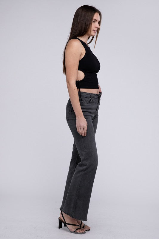 Amie Acid Washed Frayed Hem Straight Wide Pants