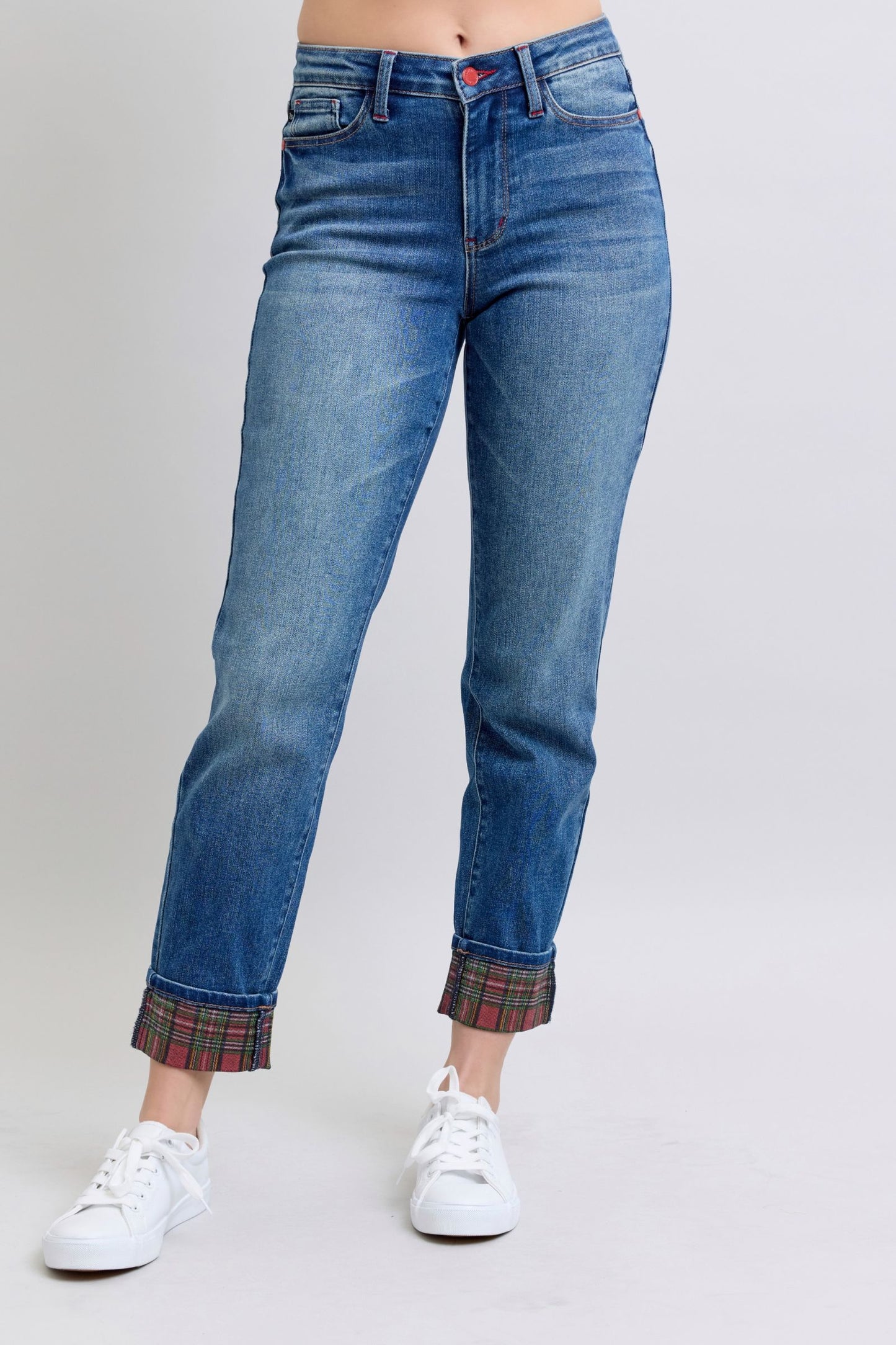 Judy Blue Plaid Print Cuff Straight Leg Jeans