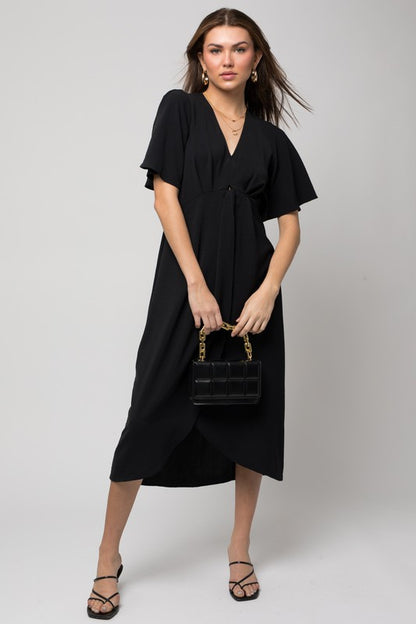 V-Neck Midi Dress W-Front Knot