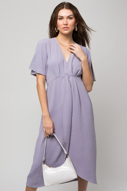 V-Neck Midi Dress W-Front Knot