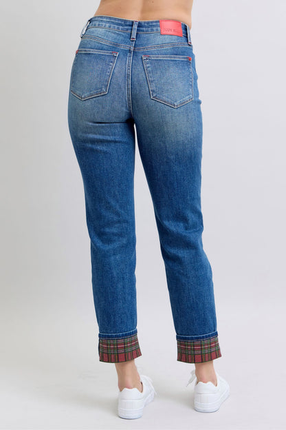 Judy Blue Plaid Print Cuff Straight Leg Jeans