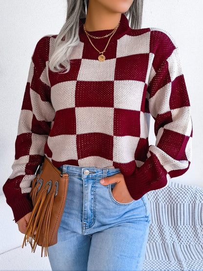 Checkered Mock Neck Sweater