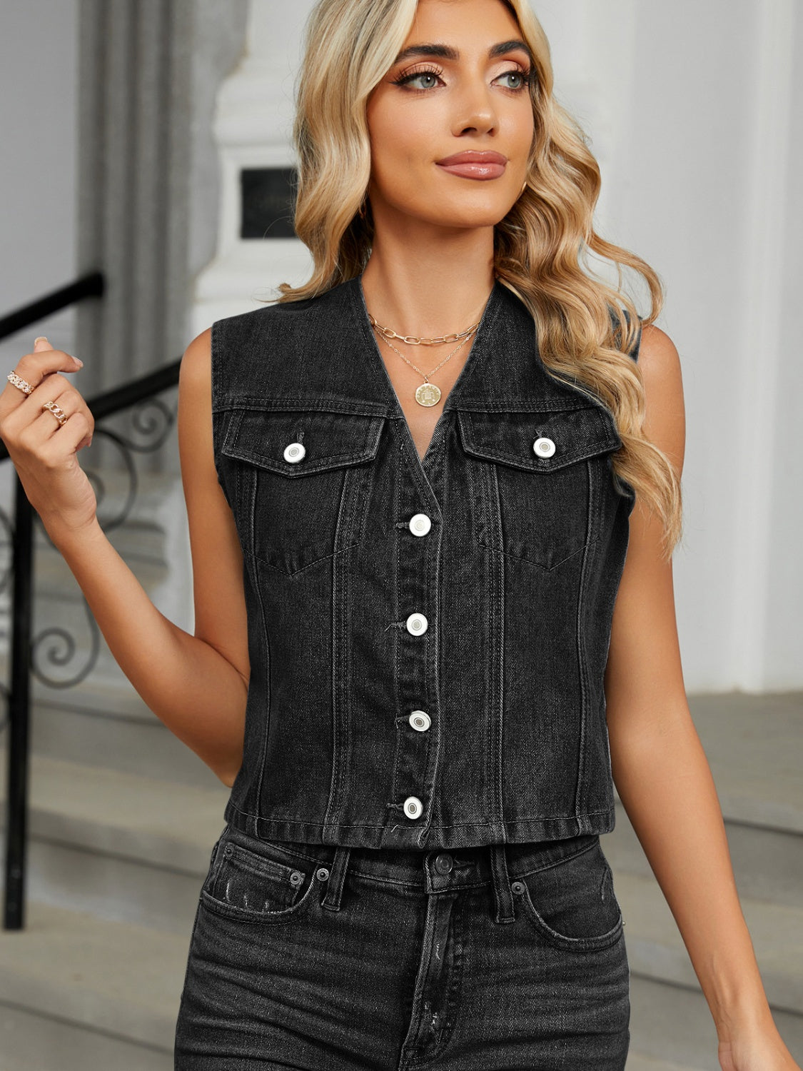 V-Neck Button Denim Vest