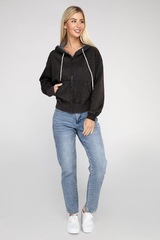 Zenana Acid Wash Cropped Zip-Up Hoodie