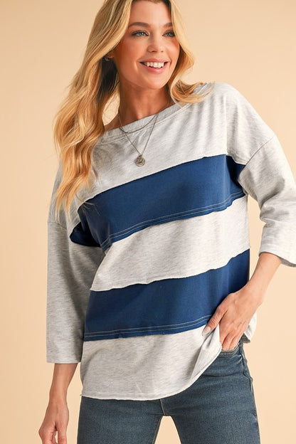 Striped Patchwork Raw Edge Sweatshirt