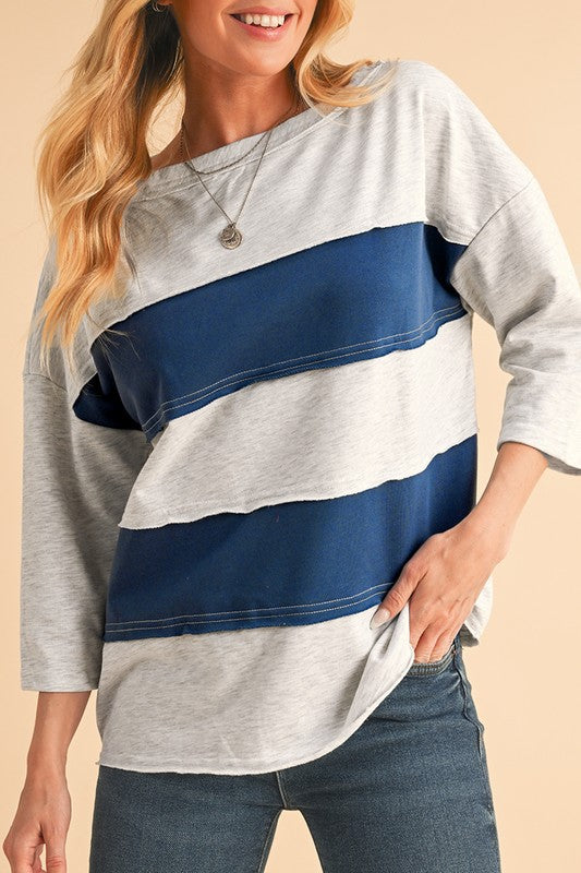 Striped Patchwork Raw Edge Sweatshirt