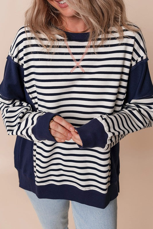 Stripe Exposed Seam Loose Fit Sweatshirt