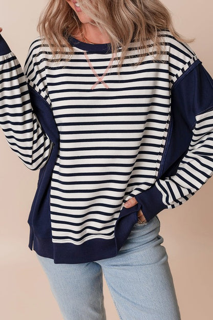 Stripe Exposed Seam Loose Fit Sweatshirt