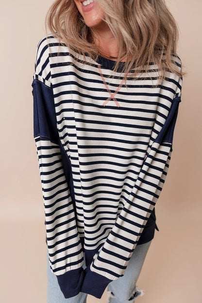 Stripe Exposed Seam Loose Fit Sweatshirt