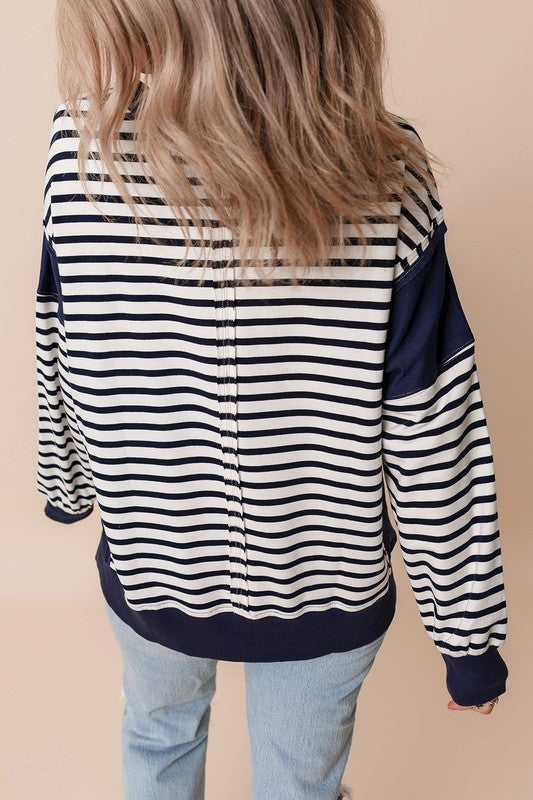 Stripe Exposed Seam Loose Fit Sweatshirt