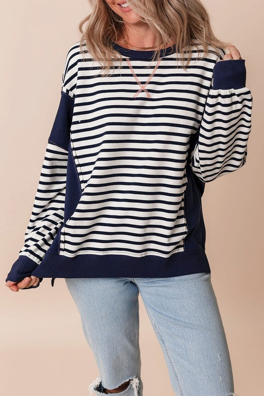 Stripe Exposed Seam Loose Fit Sweatshirt