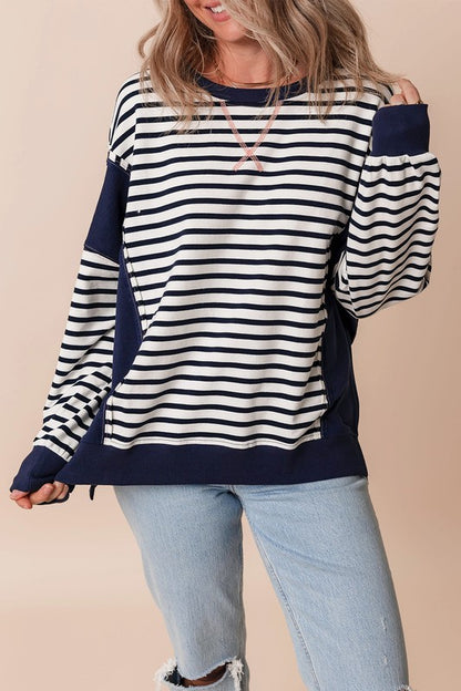 Stripe Exposed Seam Loose Fit Sweatshirt