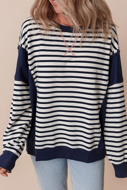 Stripe Exposed Seam Loose Fit Sweatshirt