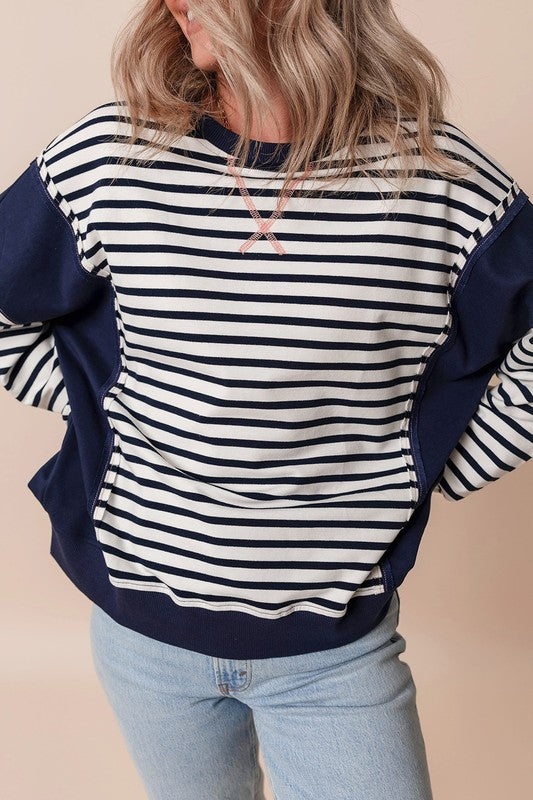 Stripe Exposed Seam Loose Fit Sweatshirt