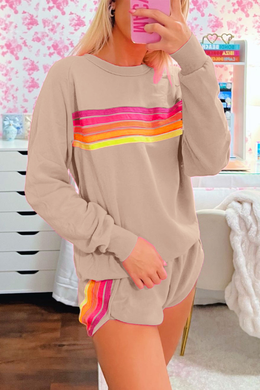 Apricot Colorful Striped Pullover and Shorts Set