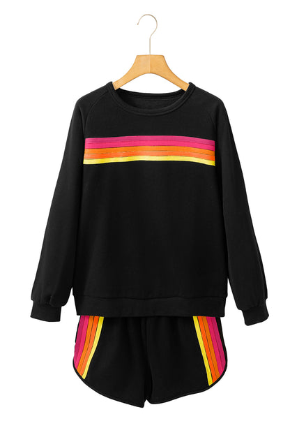 Apricot Colorful Striped Pullover and Shorts Set