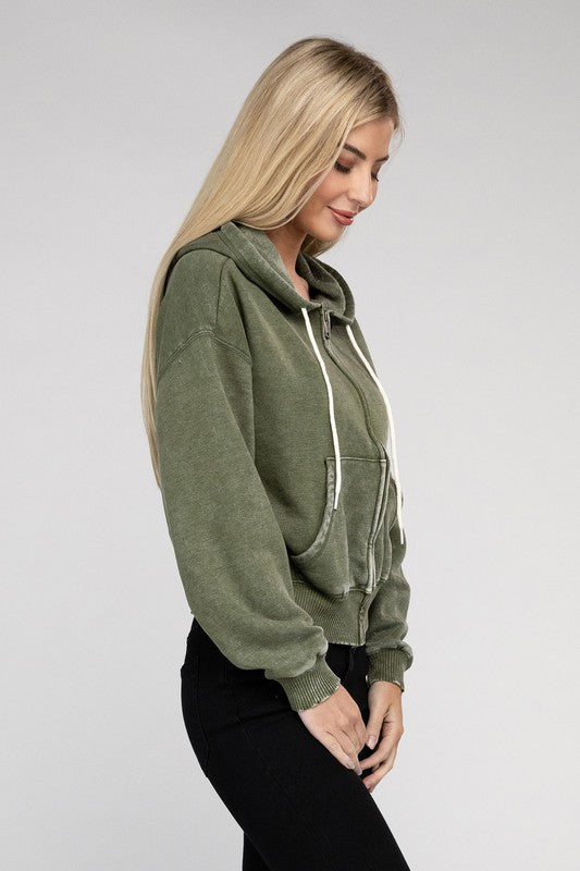 Zenana Acid Wash Cropped Zip-Up Hoodie