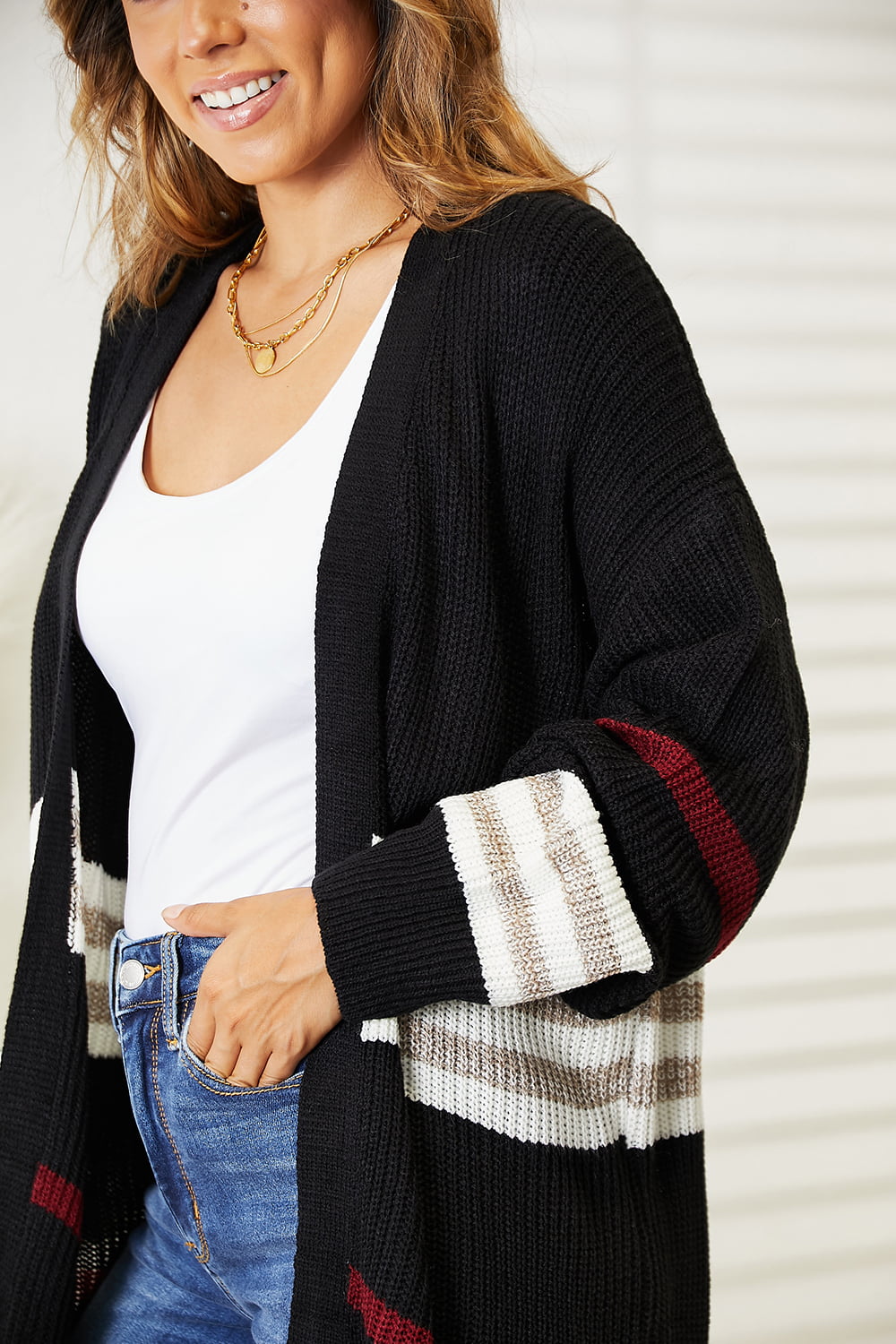 Perfee Striped Rib-Knit Cardigan