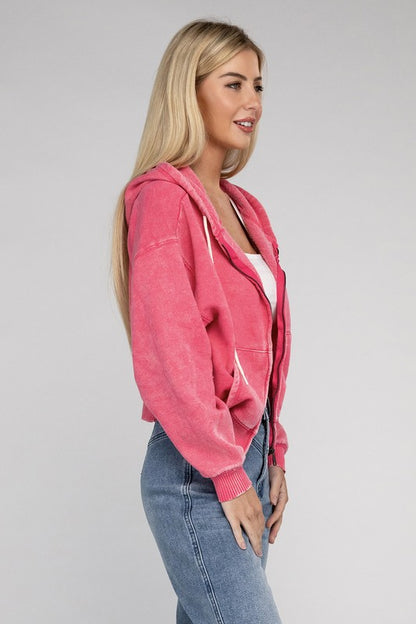 Zenana Acid Wash Cropped Zip-Up Hoodie