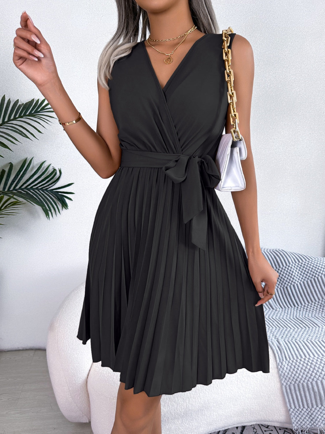 Tied Sleeveless Pleated Dress