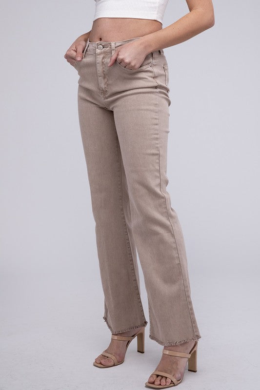 Amie Acid Washed Frayed Hem Straight Wide Pants