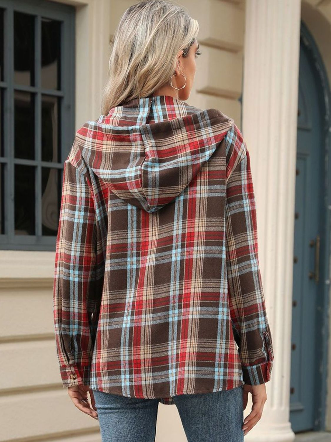 Drawstring Plaid Hooded Top