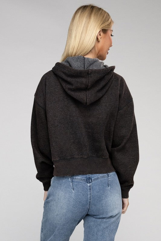 Zenana Acid Wash Cropped Zip-Up Hoodie