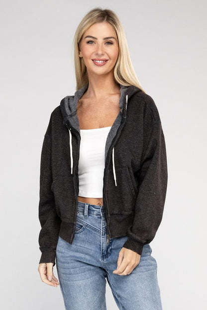 Zenana Acid Wash Cropped Zip-Up Hoodie