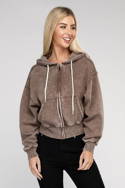 Zenana Acid Wash Cropped Zip-Up Hoodie