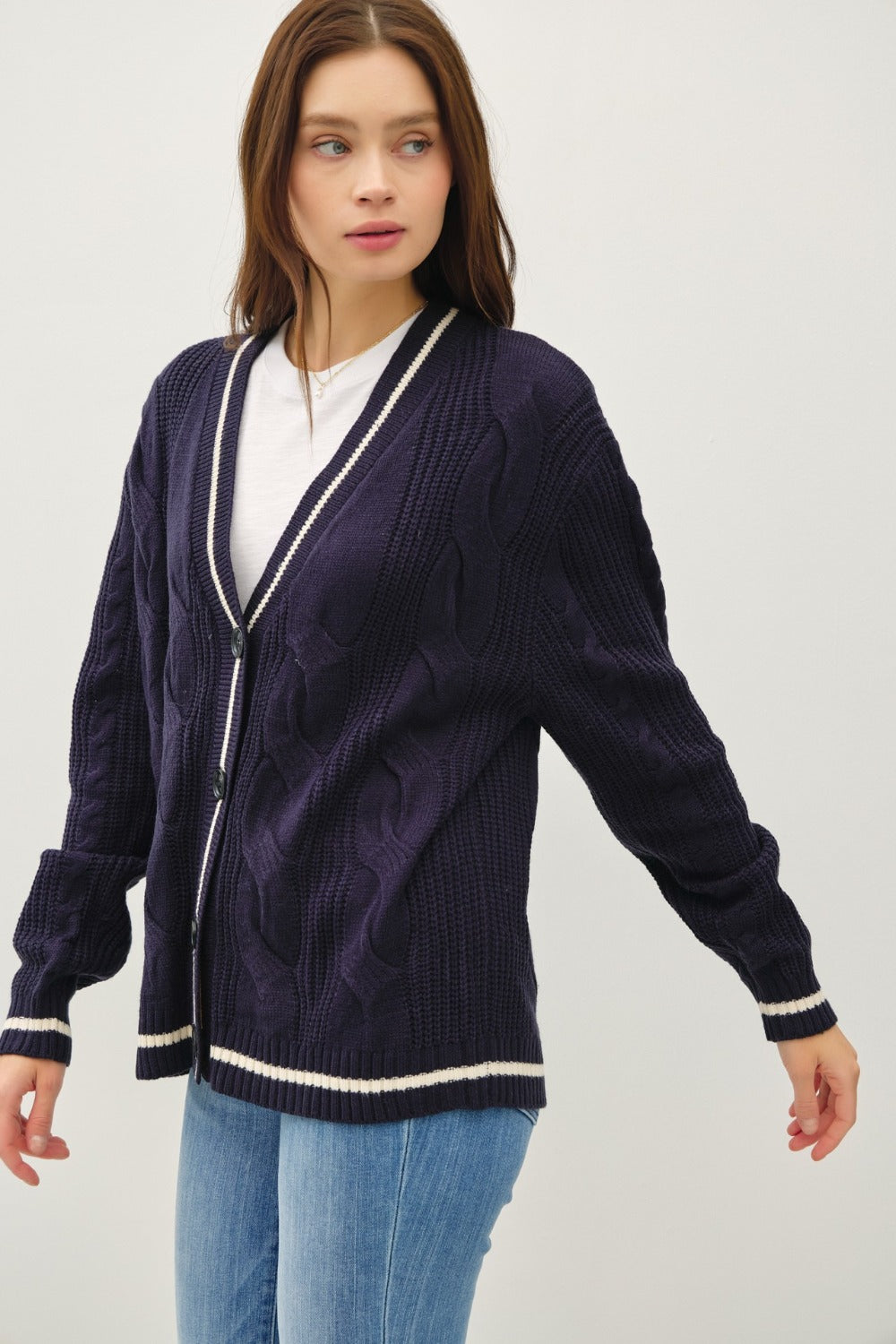 Be Cool Contrast Trim Cable-Knit Cardigan