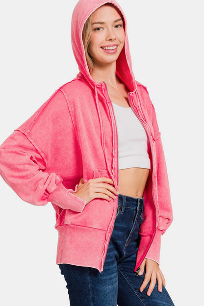 Zenana Acid Washed Zip-Up Hoodie