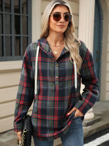 Drawstring Plaid Hooded Top