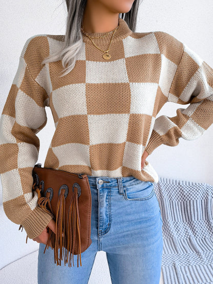 Checkered Mock Neck Sweater