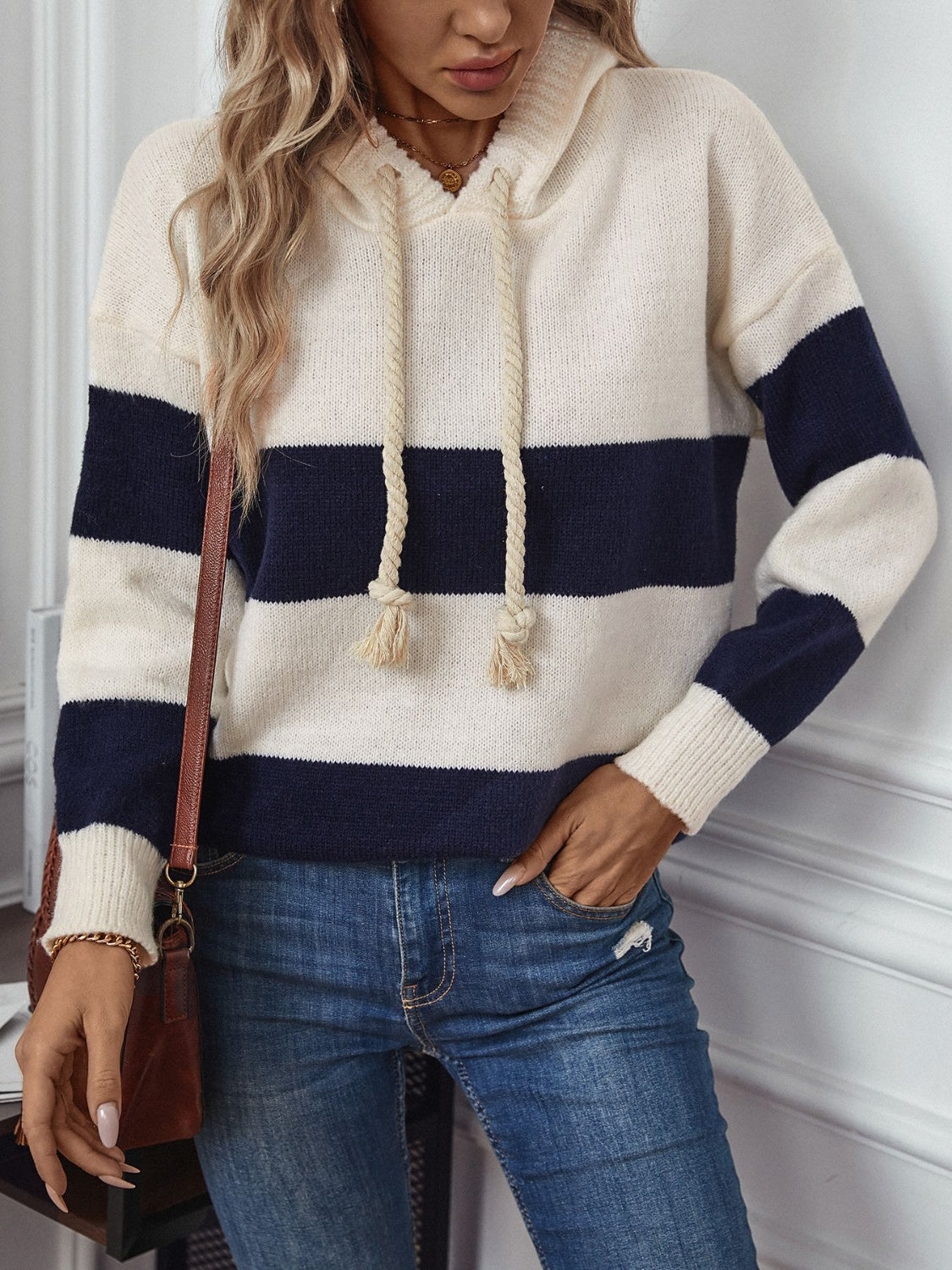 Drawstring Contrast Stripe Hooded Sweater