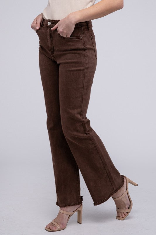 Amie Acid Washed Frayed Hem Straight Wide Pants