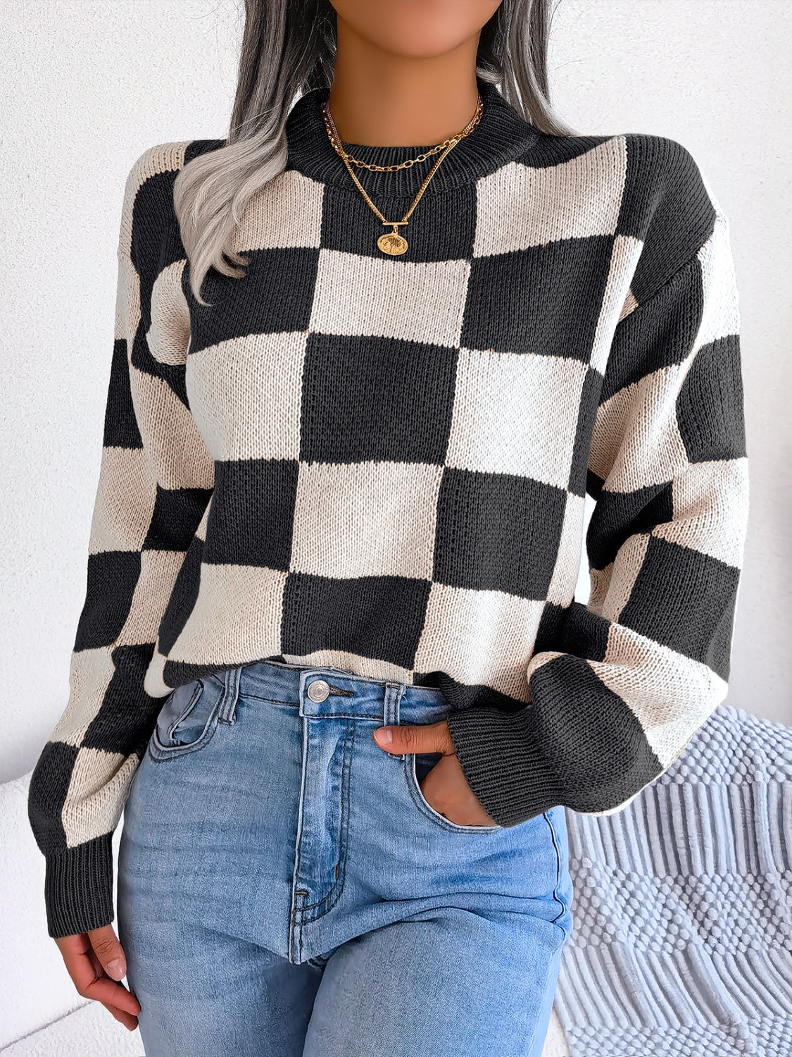 Checkered Mock Neck Sweater