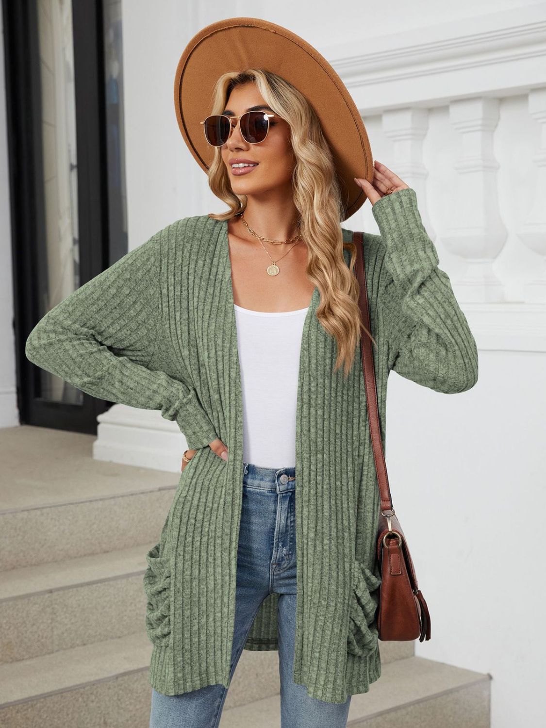 Pocketed Open Front Cardigan