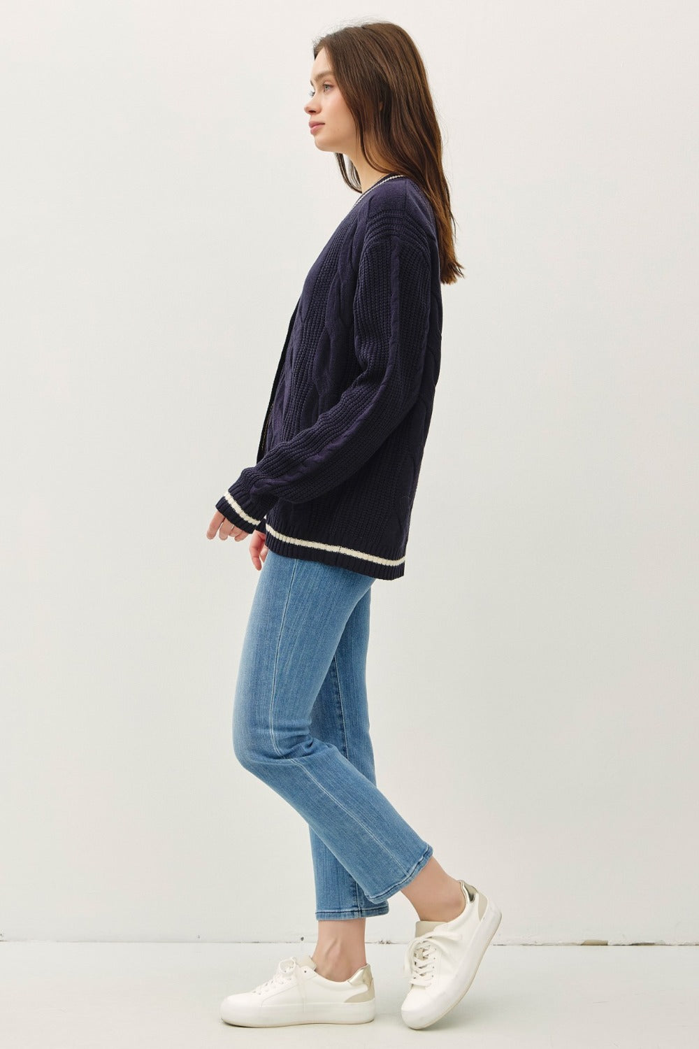 Be Cool Contrast Trim Cable-Knit Cardigan