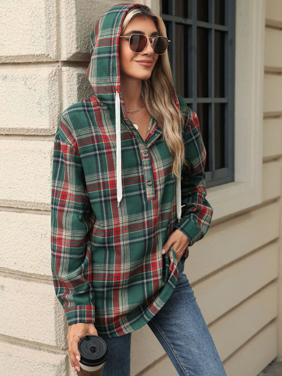 Drawstring Plaid Hooded Top