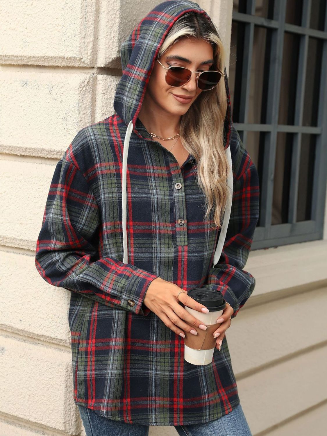 Drawstring Plaid Hooded Top