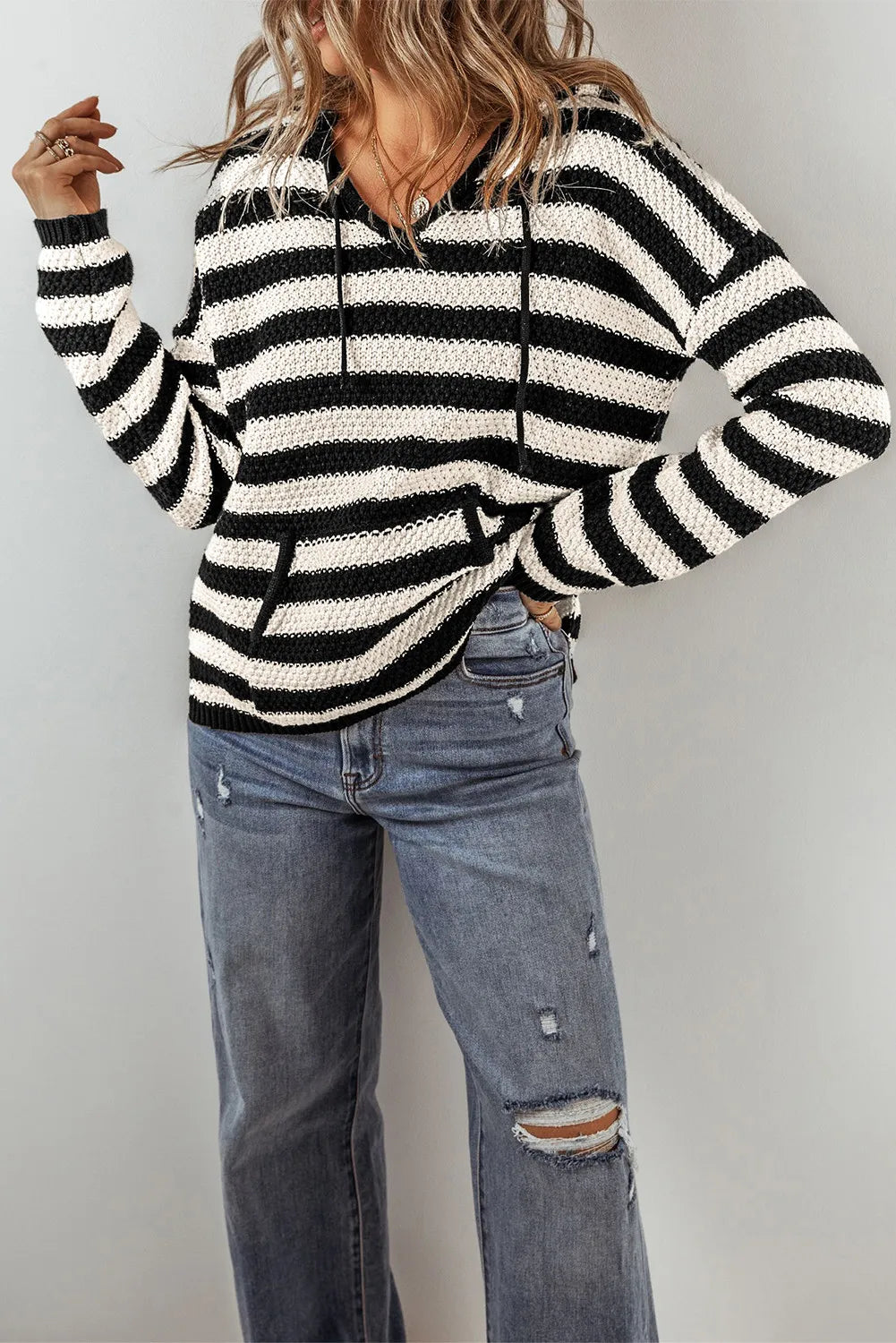 Drawstring Striped Hooded Sweater