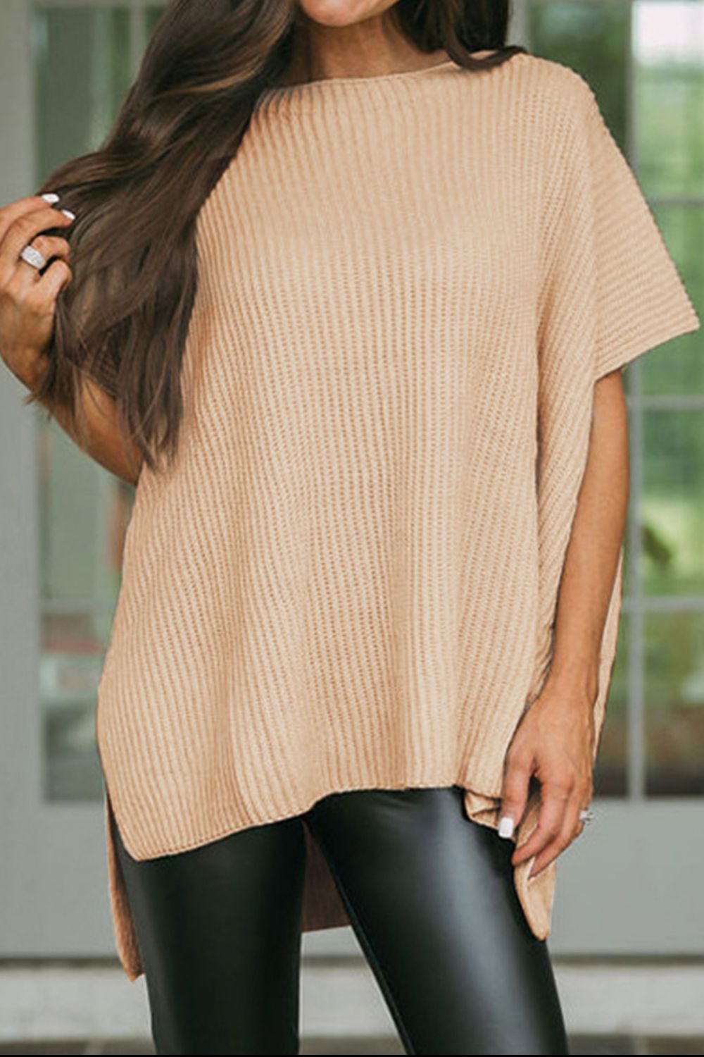 Waffle-Knit Slit Sweater