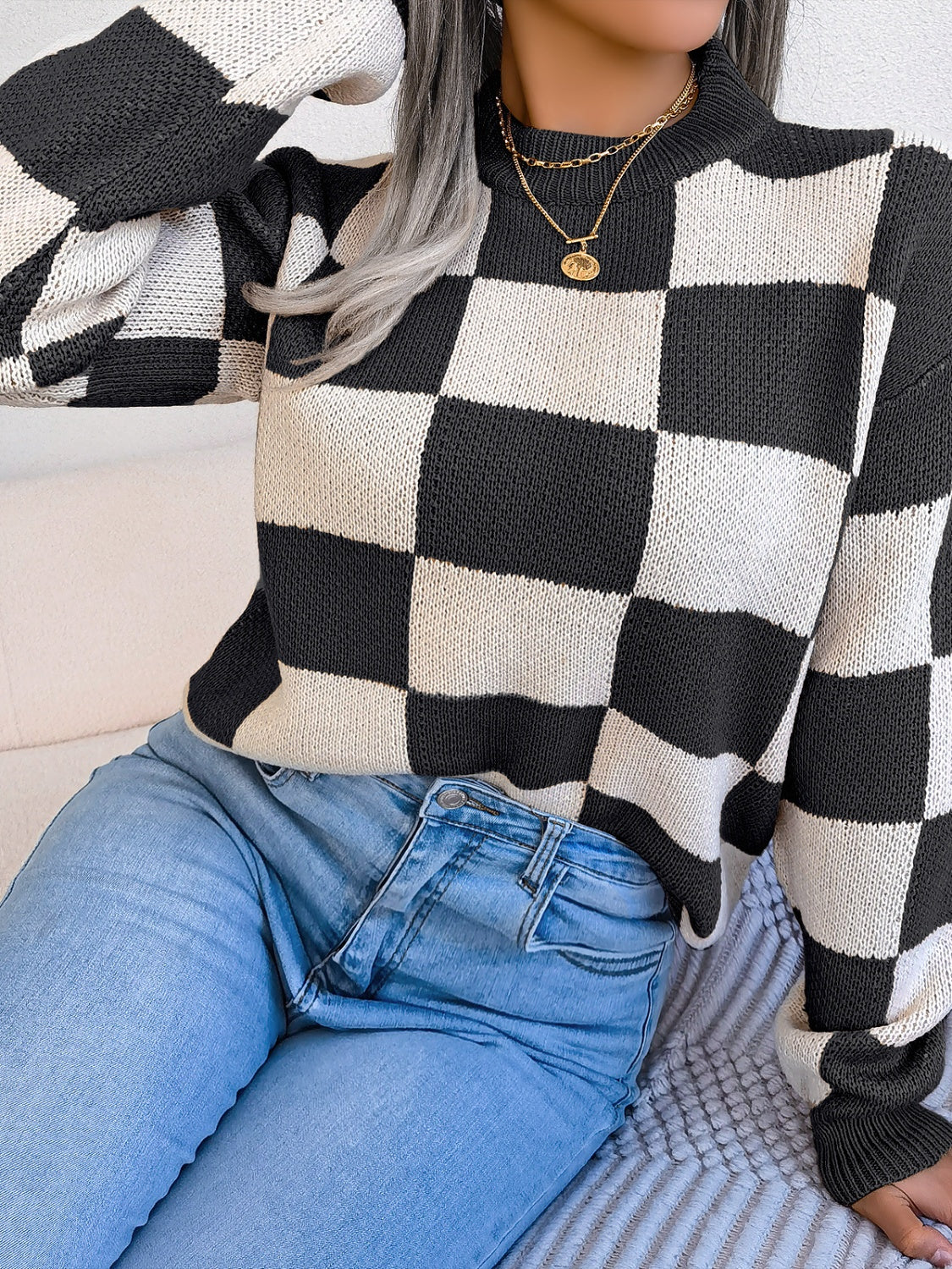 Checkered Mock Neck Sweater