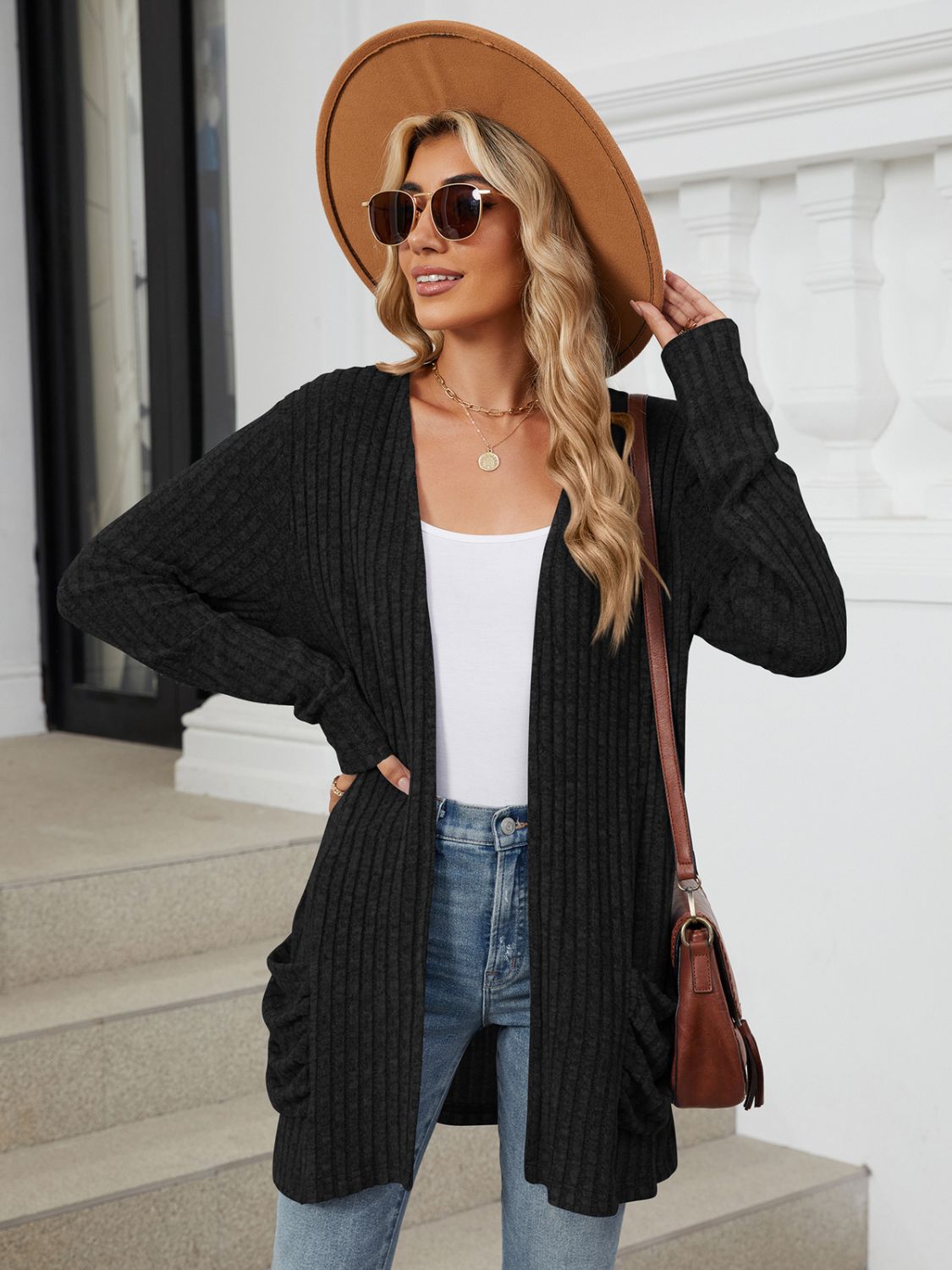 Pocketed Open Front Cardigan