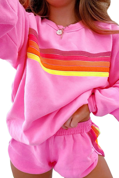 Apricot Colorful Striped Pullover and Shorts Set