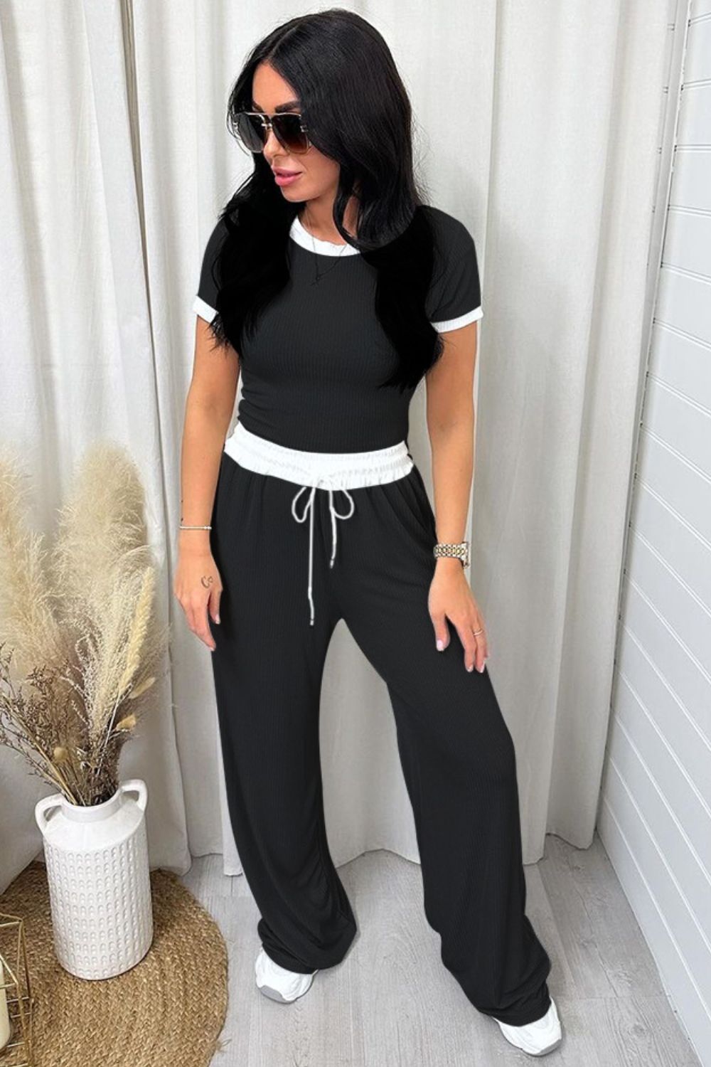 Contrast Trim Top and Pants Set